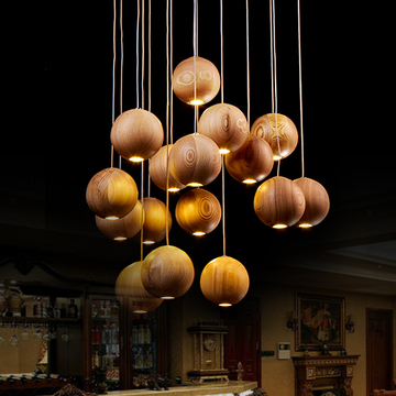 设计师个性创意艺术实木制吊灯 新中式客厅酒店餐厅LED吧台灯具