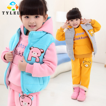 2015秋冬季韩版中大童装卡哇伊小熊印花女童加厚保暖三件套套装