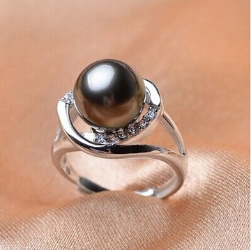 天然大溪地黑珍珠粉【黑白金】珍珠戒指 925银戒指托强光送妈妈