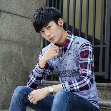 秋季毛衣男士装假两件韩版修身青少年中学生外套头衬衫领针织衫潮