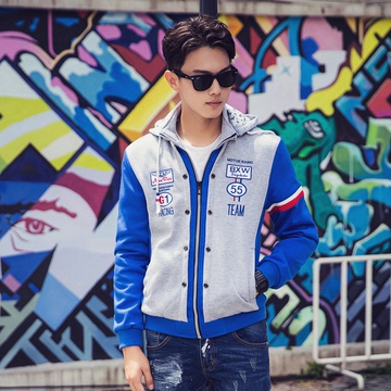 2015新款秋季青少年韩版棒球服可拆卸帽拼色男士潮流卫衣学生外套