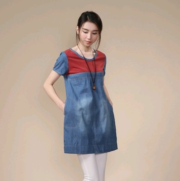 2015夏品新款韩版文艺拼接短袖大码宽松牛仔修身个性连衣裙学院风