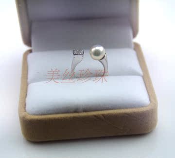 S925纯银镀白金珍珠戒指空托琥珀蓝珀戒托9-12mm搭白珍珠