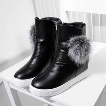 2015冬韩版真兔毛毛球短靴短筒平底内增高雪地靴女靴子学生鞋棉靴