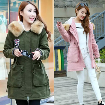 2015韩版冬装新款大毛领棉服加绒羊羔毛工装加厚中长款棉衣外套女