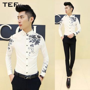 TEF2015秋装新款韩版修身白色衬衣碎花印花潮男发型师长袖衬衫