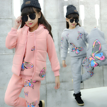 女孩卫衣新款冬装2016女童蝴蝶三件套韩版潮流加绒加厚套装包邮
