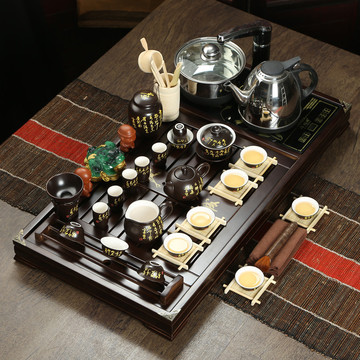 茶具套装特价 整套功夫紫砂陶瓷冰裂茶具 电磁炉四合一实木茶盘