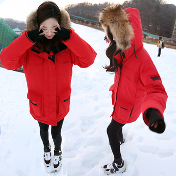 2015韩国代购加厚保暖连帽工装休闲外套学院风毛领大衣大码棉衣女