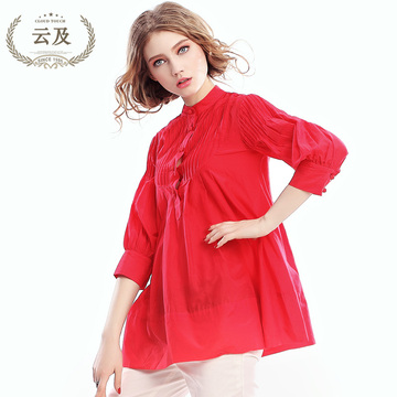 云及夏季女装大红色女士衬衣真丝棉衬衫女七分袖喇叭型大码宽松
