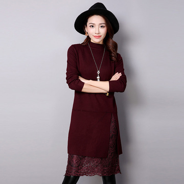 冬新品韩版宽松大码中长款套头针织羊毛衫半高领毛衣女打底蕾丝裙