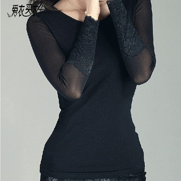 2015韩版秋冬新款大码女装蕾丝修身网纱打底衫长袖t恤加绒小衫潮
