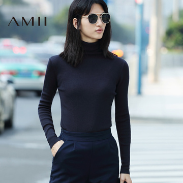 新品Amii发热套头冬季保暖纯色肩袖合体以上常规高领毛线毛衣