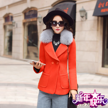 2015冬季新款女装 韩版修身纯色 长袖短款加厚毛呢大衣外套T6882
