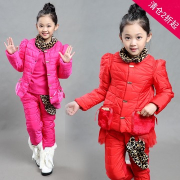 童装女童冬装套装2015新款韩版女中大童加厚加绒豹纹三件套童套装