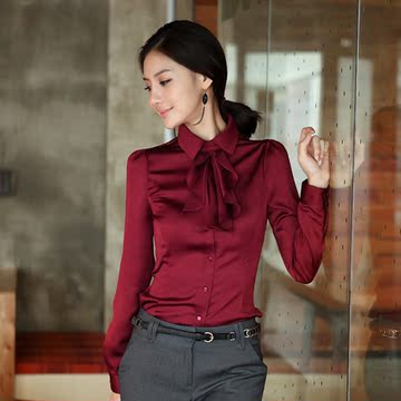2015新款秋装韩版女雪纺衫长袖女衬衫衬衣修身职业装工作服荷叶领