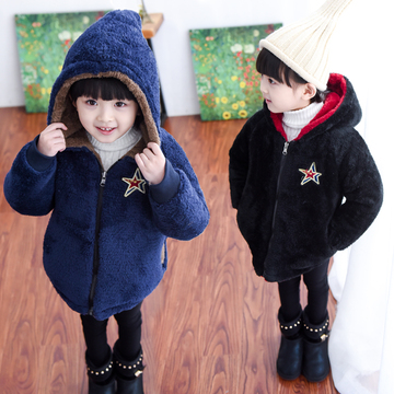 女童棉衣双面穿毛绒连帽毛毛衣2015冬季新款韩版儿童加绒加厚外套