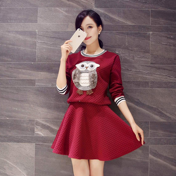 欧洲站套装韩国代购2015秋季新款高腰长袖两件套连衣裙短裙女装