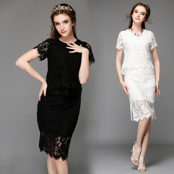 2015欧美大牌女装 时尚优雅加肥加大码性感蕾丝上衣裙子两件套装