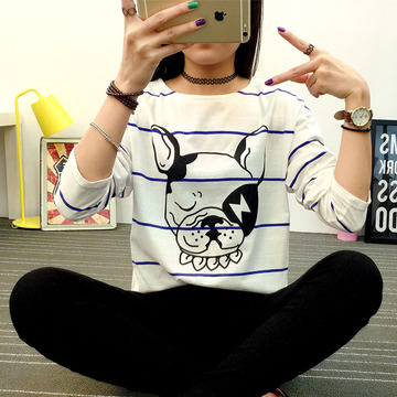 韩版2015秋装新款女装时尚条纹印花长袖T恤