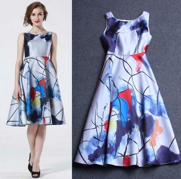欧洲米兰夏新款无袖修身几何抽象印花圆领中长款气质连衣裙