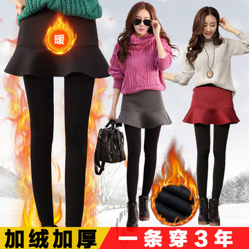 2015新款韩版假两件打底裤女加绒加厚保暖裤弹力显瘦外穿打底裙裤