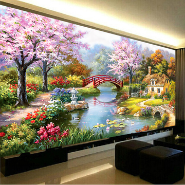 印花十字绣最新款客厅欧式花园小屋 风景山水画大幅2.5米蒙娜丽莎