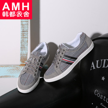 AMH2015夏季休闲新款系带板鞋平跟布面耐磨男装格子低帮鞋WK3543