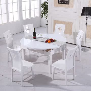 实木多功能餐桌白色折叠钢化玻璃小户型伸缩餐台现代圆餐桌椅田园