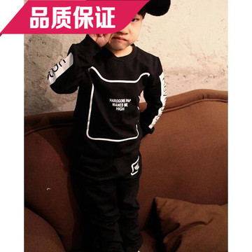 春款韩版男童装黑色卡通字母3圆领5套头6卫衣运动裤休闲套装潮7岁