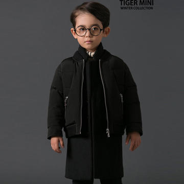 现货韩国童装男童2015冬Tigermini黑长款呢子拼接羽绒服正品代购