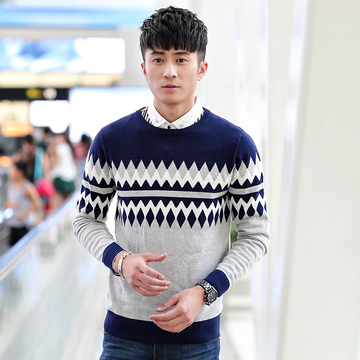 2015秋季韩版青年男士毛衣园领套头针织衫毛衣长袖修身拼色男装潮