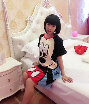 韩国代购迪士尼米老鼠米奇卡通可爱女生全棉宽松空调短袖睡裙睡衣