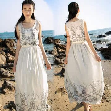 2015夏季新款海边度假旅行沙滩裙白色大摆波西米亚长裙雪纺连衣裙