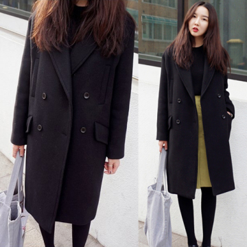 韩国代购2015秋冬新款修身大码加厚双排扣中长款毛呢大衣外套女潮