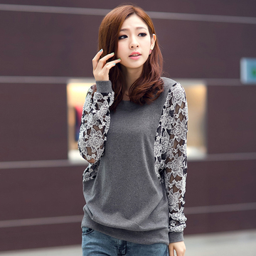 2015春季韩版新款蕾丝拼接镂空t恤上衣修身大码长袖打底衫针织衫
