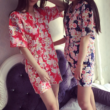 睡衣女夏日式樱花和服短袖短裤两件套装 韩版新品纯棉系带家居服