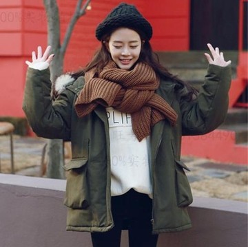 2015双12冬季新款韩国气质简约宽松连帽加厚军绿色棉衣外套棉服女