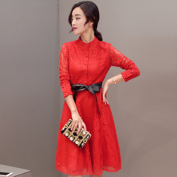 2016年蕾丝连衣裙 长袖打底裙修身显瘦中长款韩版 印花红色连衣裙