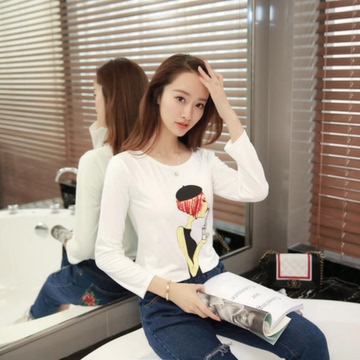 2016春秋季新款韩版棉质女装修身长袖t恤女学生打底印花小衫上衣