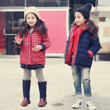 2015冬装女童加厚绒布连帽棉衣中性两面穿红格子棉袄儿童羽绒棉服