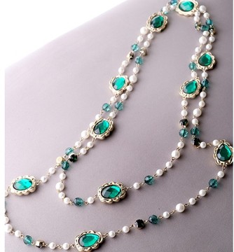 韩版高档珍珠亮钻本命年长款毛衣链祖母绿宝石钻高贵优雅百搭气质