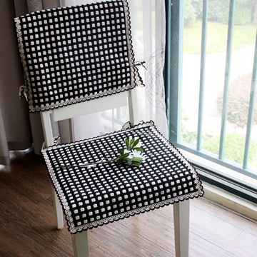 四季棉线编织椅子坐垫 餐椅垫座垫绑带办公室椅垫可机洗 黑米小格
