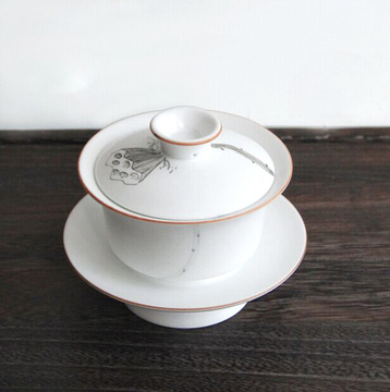 景德镇手绘陶瓷盖碗 三才碗大号 功夫茶盖碗 无光白手工茶碗茶杯