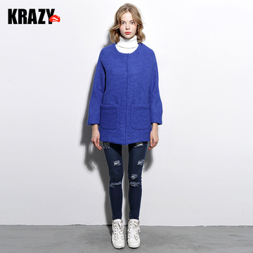 【清仓特卖】Krazy  中长款羊毛呢大衣复古口袋廓形外套 6279