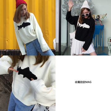 韩版学院风宽松卡通套头毛衣女长袖外穿纯色针织衫外套秋冬学生潮