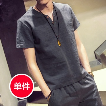 韩版男装夏季亚麻爆款短袖t恤男士复古棉麻半袖体恤薄款今年