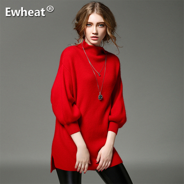 Ewheat欧洲站2016秋冬季新款貂绒毛衣女中长款宽松套头打底针织衫