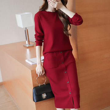 时尚半身裙套装女秋冬2016新款韩版长袖针织衫单排扣半身裙两件套