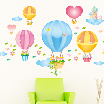 卡通可爱彩色儿童公主房 花草天空梦幻热气球 沙发装饰背景墙贴纸